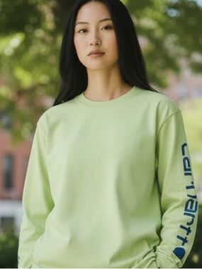 Carhartt Long Sleeve Tee in Lime with Blue Sleeve Graphic